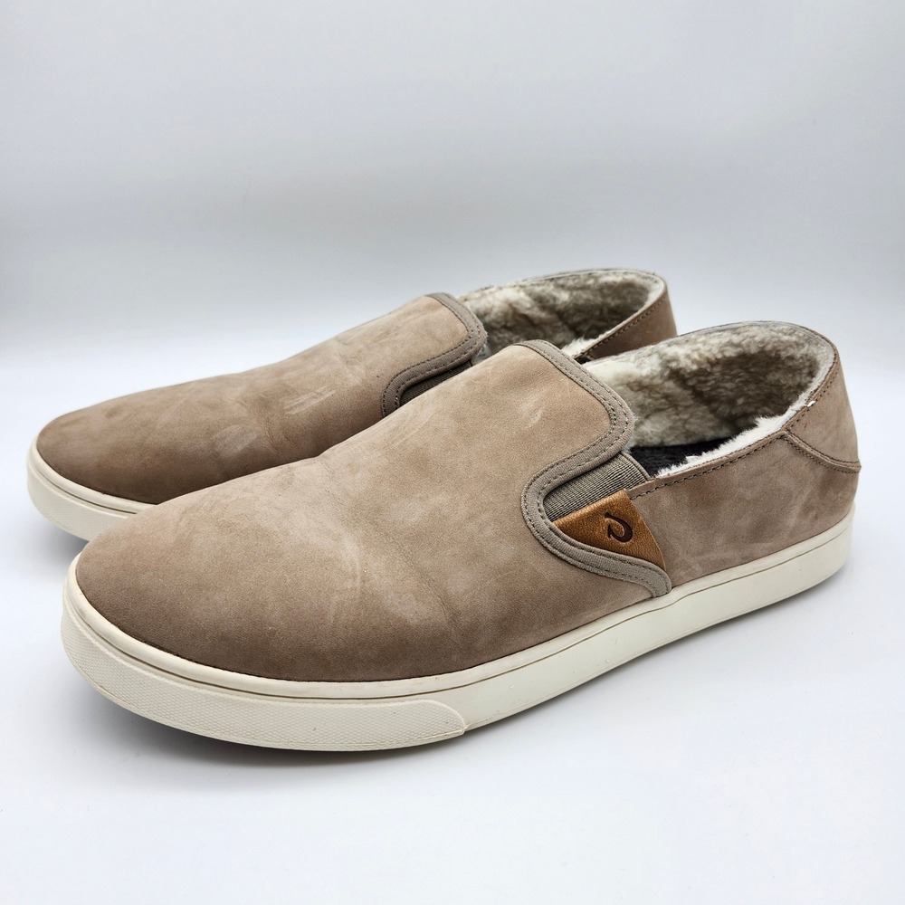 OluKai Pehuea Heu Slip On Shoes Tan Leather wool Shearling lined Sneakers Womens